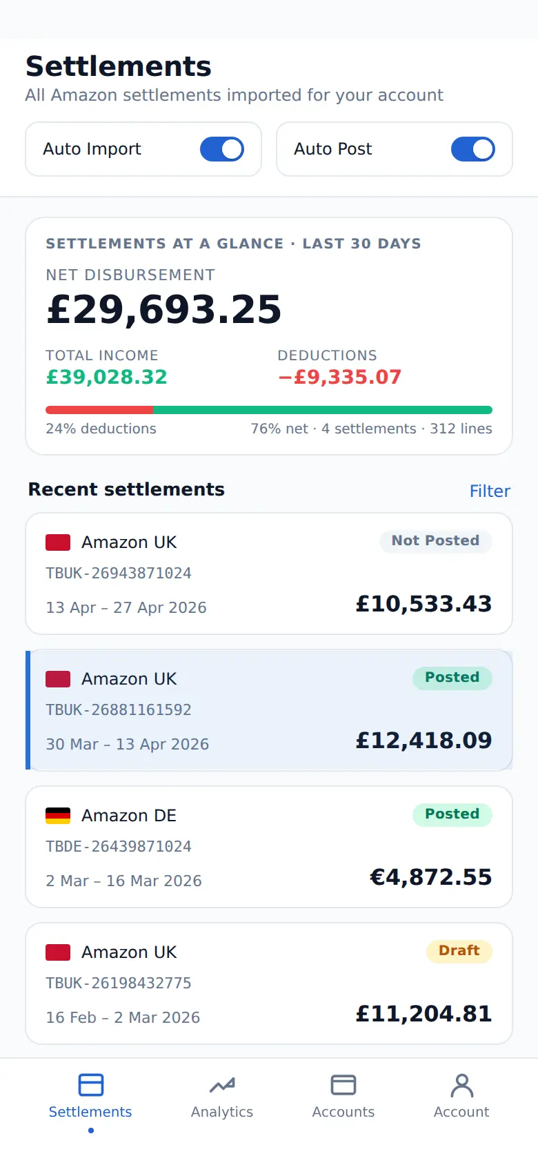 TrueBooks on mobile — settlements list with marketplace, settlement ID, amount and status.